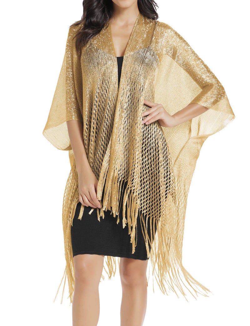 Rheane Gold Sequin Shawl, Sequin Cardigan For Wedding and Formal Event Dressesy, Gold Jacket For Evening Event - Image 1
